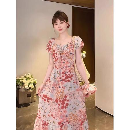 FA32189# 纯欲甜辣风方领印花短袖连衣裙女夏季新款修身显瘦设计感A字长裙 服裝批發女裝批發服飾貨源