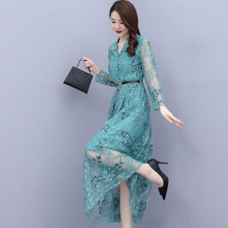 FA33593# 秋季新款长袖网纱重工刺绣高档收腰显瘦中长款裙子 服裝批發女裝批發服飾貨源