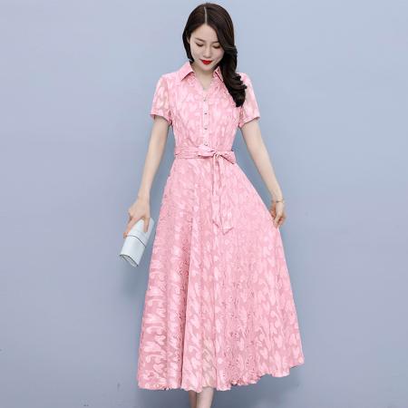 FA33596# 短袖连衣裙气质显瘦夏季雪纺提花洋气遮肚纯色女装 服裝批發女裝批發服飾貨源