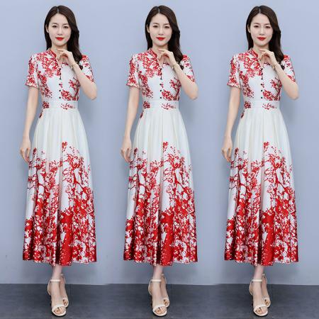 FA33598# 夏新款长袖醋酸缎面定位花连衣裙修身时尚中长裙女 服裝批發女裝批發服飾貨源