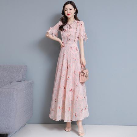 FA33599# 喇叭袖碎花长裙夏装新款大码女装大摆雪纺连衣裙 服裝批發女裝批發服飾貨源