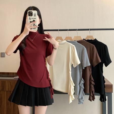 FA37228# 秋季新款半高领正肩设计感荷叶边T恤上衣 服裝批發女裝批發服飾貨源