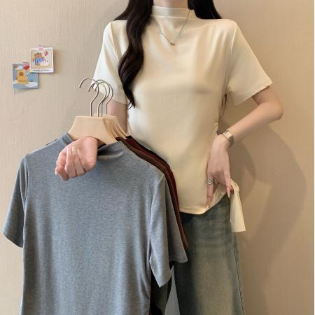 FA37228# 秋季新款半高领正肩设计感荷叶边T恤上衣 服裝批發女裝批發服飾貨源