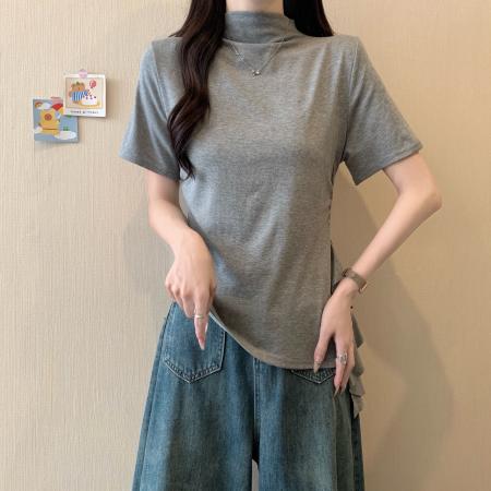 FA37228# 秋季新款半高领正肩设计感荷叶边T恤上衣 服裝批發女裝批發服飾貨源