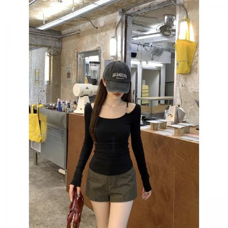FA37234# 秋季韩版气质修身斜肩拼接设计感纯棉长袖T恤上衣女 服裝批發女裝批發服飾貨源