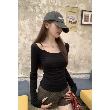 FA37234# 秋季韩版气质修身斜肩拼接设计感纯棉长袖T恤上衣女 服裝批發女裝批發服飾貨源