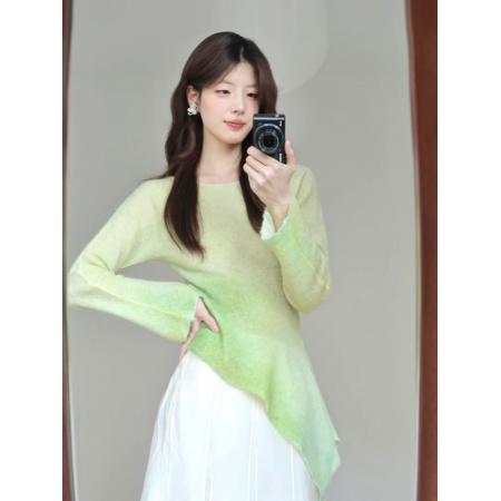 FA37237# 早秋设计感不规则绿色扎染针织衫女新款修身长袖上衣女秋季1 服裝批發女裝批發服飾貨源