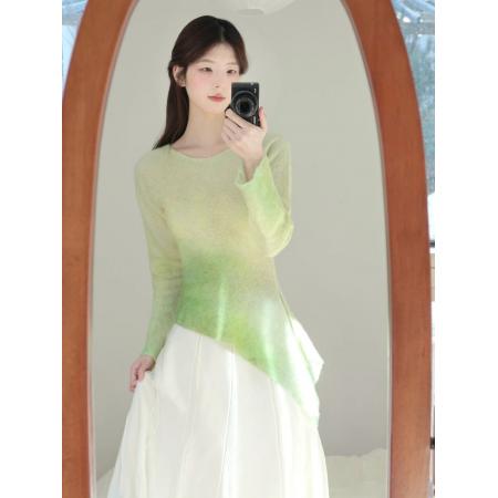 FA37237# 早秋设计感不规则绿色扎染针织衫女新款修身长袖上衣女秋季1 服裝批發女裝批發服飾貨源