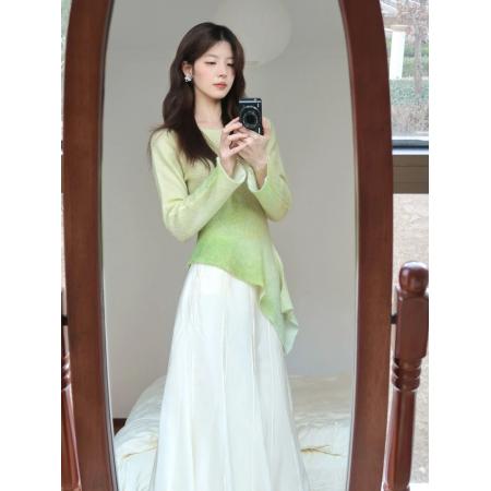 FA37237# 早秋设计感不规则绿色扎染针织衫女新款修身长袖上衣女秋季1 服裝批發女裝批發服飾貨源