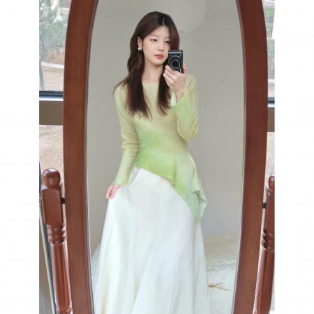 FA37237# 早秋设计感不规则绿色扎染针织衫女新款修身长袖上衣女秋季1 服裝批發女裝批發服飾貨源