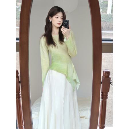 FA37237# 早秋设计感不规则绿色扎染针织衫女新款修身长袖上衣女秋季1 服裝批發女裝批發服飾貨源