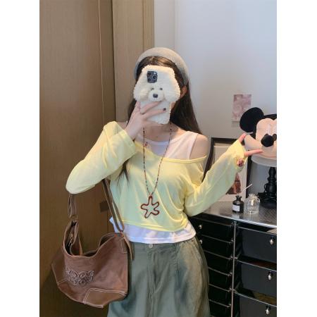 FA37240# 假两件条纹防晒罩衫女褶皱款收腰漂亮别致上衣秋 服裝批發女裝批發服飾貨源