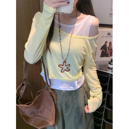 FA37240# 假两件条纹防晒罩衫女褶皱款收腰漂亮别致上衣秋 服裝批發女裝批發服飾貨源