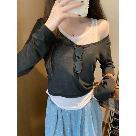 FA37240# 假两件条纹防晒罩衫女褶皱款收腰漂亮别致上衣秋 服裝批發女裝批發服飾貨源