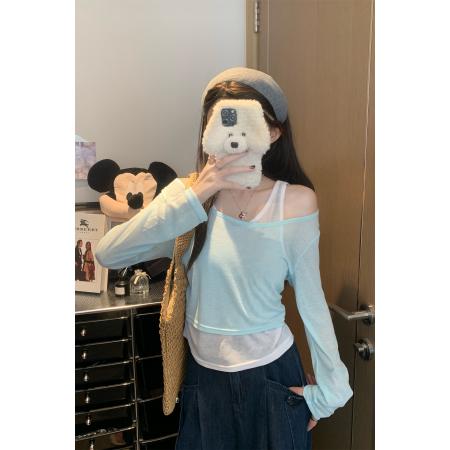 FA37240# 假两件条纹防晒罩衫女褶皱款收腰漂亮别致上衣秋 服裝批發女裝批發服飾貨源