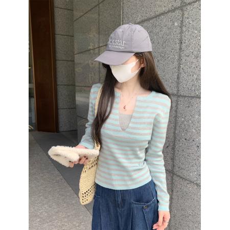 FA37242# 假两件V领长袖针织衫女秋显瘦短款条纹打底衫上衣 服裝批發女裝批發服飾貨源