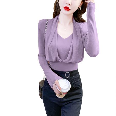 FA37248# 小众别致修身V领假两件气质女装上衣长袖秋装新款洋气纯色百搭 服裝批發女裝批發服飾貨源