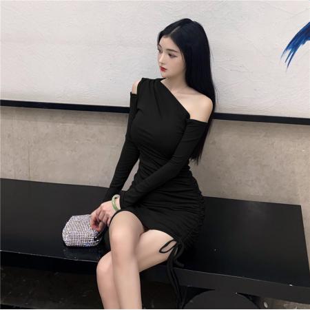 FA37250# 秋冬气质连衣裙性感斜露肩修身包臀不对称抽绳收腰显瘦长袖裙 服裝批發女裝批發服飾貨源