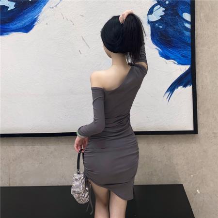 FA37250# 秋冬气质连衣裙性感斜露肩修身包臀不对称抽绳收腰显瘦长袖裙 服裝批發女裝批發服飾貨源