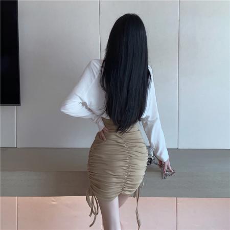 FA37253# 秋季抹胸包臀抽绳褶皱连衣裙+网红白色小披肩外套二件套 服裝批發女裝批發服飾貨源