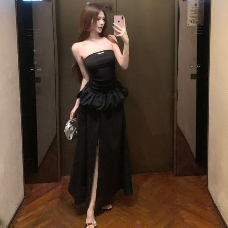 FA37254# 赫本风优雅时尚遮腰显瘦抹胸裙辣妹仪式感高开衩晚宴礼服长裙 服裝批發女裝批發服飾貨源