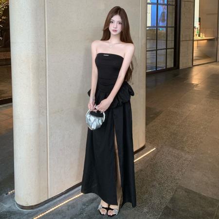FA37254# 赫本风优雅时尚遮腰显瘦抹胸裙辣妹仪式感高开衩晚宴礼服长裙 服裝批發女裝批發服飾貨源