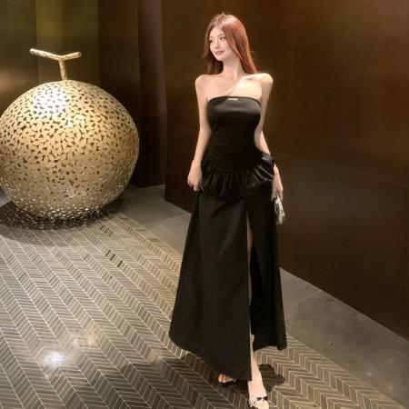 FA37254# 赫本风优雅时尚遮腰显瘦抹胸裙辣妹仪式感高开衩晚宴礼服长裙 服裝批發女裝批發服飾貨源