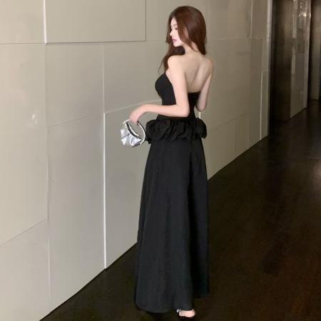 FA37254# 赫本风优雅时尚遮腰显瘦抹胸裙辣妹仪式感高开衩晚宴礼服长裙 服裝批發女裝批發服飾貨源