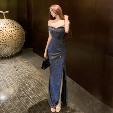FA37255# 高级蓝色闪闪一字肩连衣裙轻奢小众生日宴会礼服性感开叉长裙 服裝批發女裝批發服飾貨源