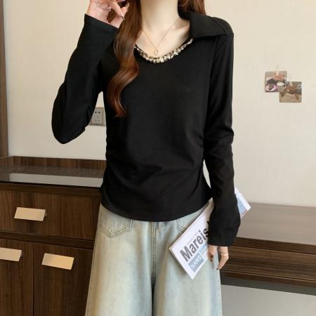FA37257# 早秋新款个性V领小设计简约T恤女大码百搭显瘦休闲上衣 服裝批發女裝批發服飾貨源