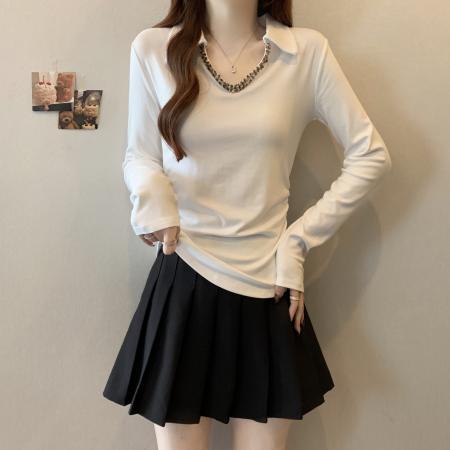 FA37257# 早秋新款个性V领小设计简约T恤女大码百搭显瘦休闲上衣 服裝批發女裝批發服飾貨源