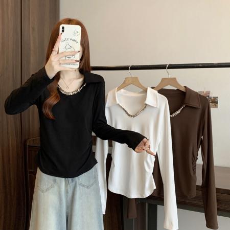 FA37257# 早秋新款个性V领小设计简约T恤女大码百搭显瘦休闲上衣 服裝批發女裝批發服飾貨源