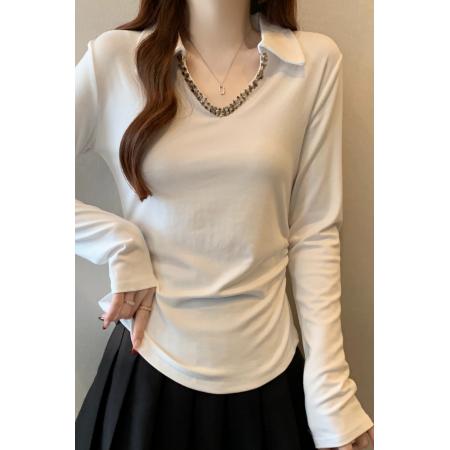 FA37257# 早秋新款个性V领小设计简约T恤女大码百搭显瘦休闲上衣 服裝批發女裝批發服飾貨源