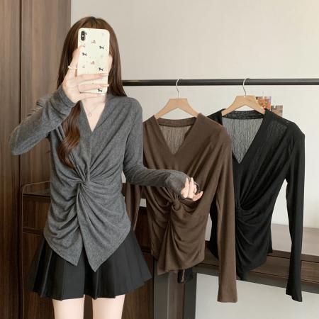 FA37258# 大码秋季新款设计感小众时尚V领扭结修身显瘦减龄打底衫 服裝批發女裝批發服飾貨源