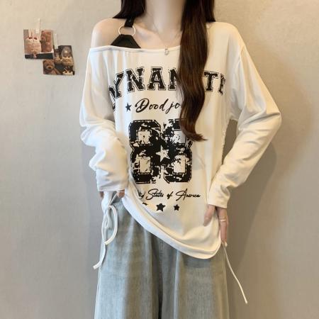 FA37259# 大码美式斜肩数字印花褶皱长袖T恤早秋新款宽松减龄上衣 服裝批發女裝批發服飾貨源