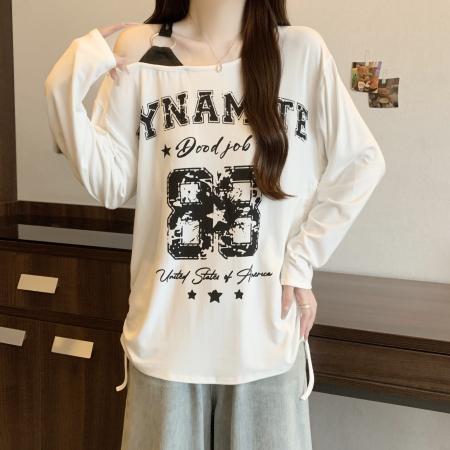 FA37259# 大码美式斜肩数字印花褶皱长袖T恤早秋新款宽松减龄上衣 服裝批發女裝批發服飾貨源