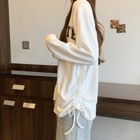 FA37259# 大码美式斜肩数字印花褶皱长袖T恤早秋新款宽松减龄上衣 服裝批發女裝批發服飾貨源