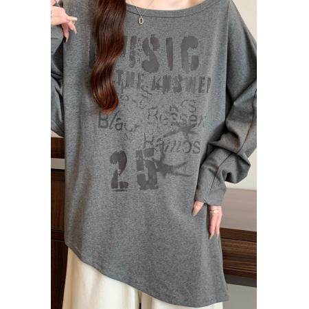 FA37260# 早秋新款韩版百搭宽松不规则印花字母斜肩长袖T恤配腰带 服裝批發女裝批發服飾貨源
