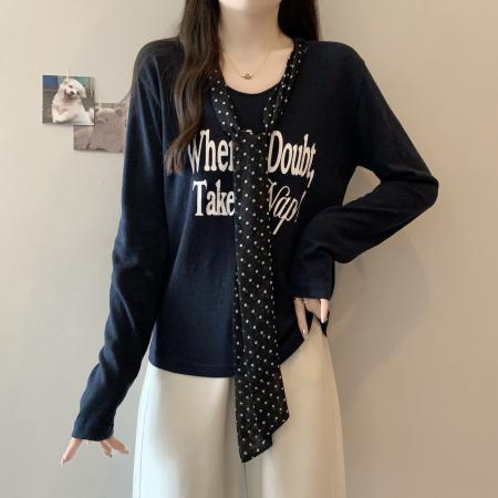 FA37261# 大码飘带丝巾V领长袖t恤女早秋新款设计感宽松显瘦打底衫 服裝批發女裝批發服飾貨源