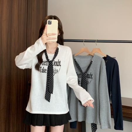 FA37261# 大码飘带丝巾V领长袖t恤女早秋新款设计感宽松显瘦打底衫 服裝批發女裝批發服飾貨源