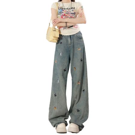 FA37262# 秋季新款大码设计感小狗刺绣辣妹牛仔裤女胖mm高街宽松拖地裤 服裝批發女裝批發服飾貨源