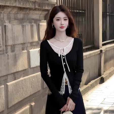 FA37264# 黑色蕾丝系带假两件长袖针织开衫女韩系秋季穿搭高级感别致上衣潮 服裝批發女裝批發服飾貨源