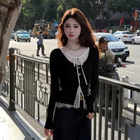 FA37264# 黑色蕾丝系带假两件长袖针织开衫女韩系秋季穿搭高级感别致上衣潮 服裝批發女裝批發服飾貨源