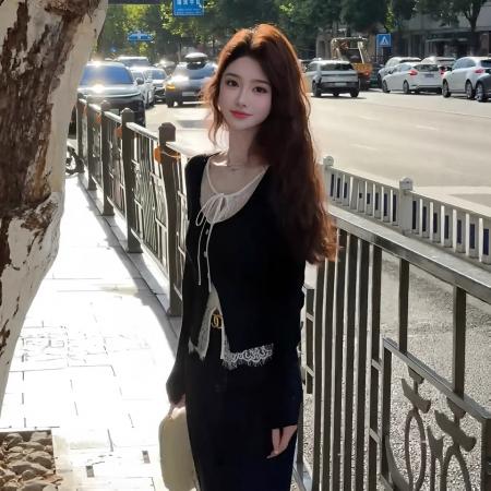 FA37264# 黑色蕾丝系带假两件长袖针织开衫女韩系秋季穿搭高级感别致上衣潮 服裝批發女裝批發服飾貨源