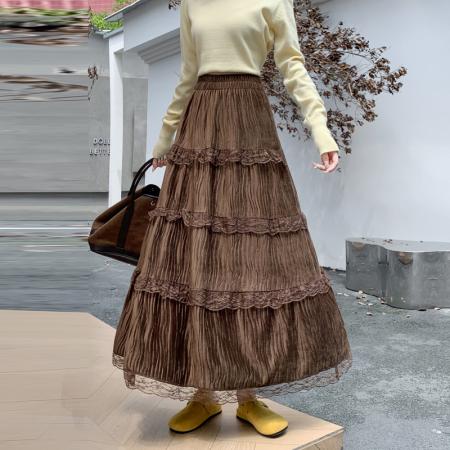 FA37268# 芭蕾风半身裙女秋冬新款白色仙女蛋糕裙高腰a字蕾丝拼接长裙 服裝批發女裝批發服飾貨源