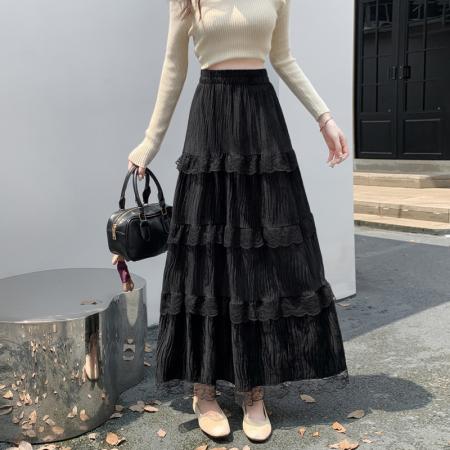 FA37268# 芭蕾风半身裙女秋冬新款白色仙女蛋糕裙高腰a字蕾丝拼接长裙 服裝批發女裝批發服飾貨源