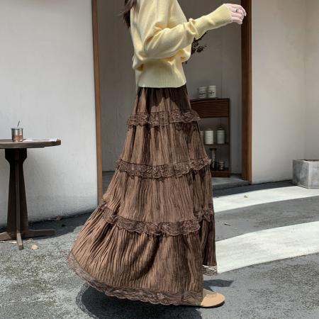 FA37268# 芭蕾风半身裙女秋冬新款白色仙女蛋糕裙高腰a字蕾丝拼接长裙 服裝批發女裝批發服飾貨源