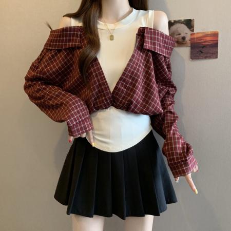FA37270# 胖MM假两件拼接红色露肩格子衬衫女秋宽松长袖上衣 服裝批發女裝批發服飾貨源