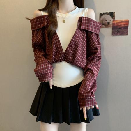 FA37270# 胖MM假两件拼接红色露肩格子衬衫女秋宽松长袖上衣 服裝批發女裝批發服飾貨源