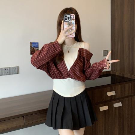 FA37270# 胖MM假两件拼接红色露肩格子衬衫女秋宽松长袖上衣 服裝批發女裝批發服飾貨源